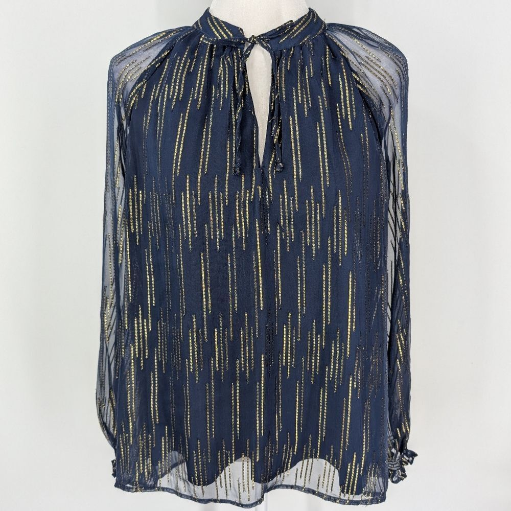 Crown & Ivy Navy Blue Metallic Gold Long Sleeve Peasant Blouse V-Neck Medium NWT